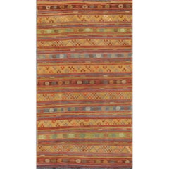 Multicolored Retro Turkish Kilim Rug with Geometric Shapes and Stripes Design