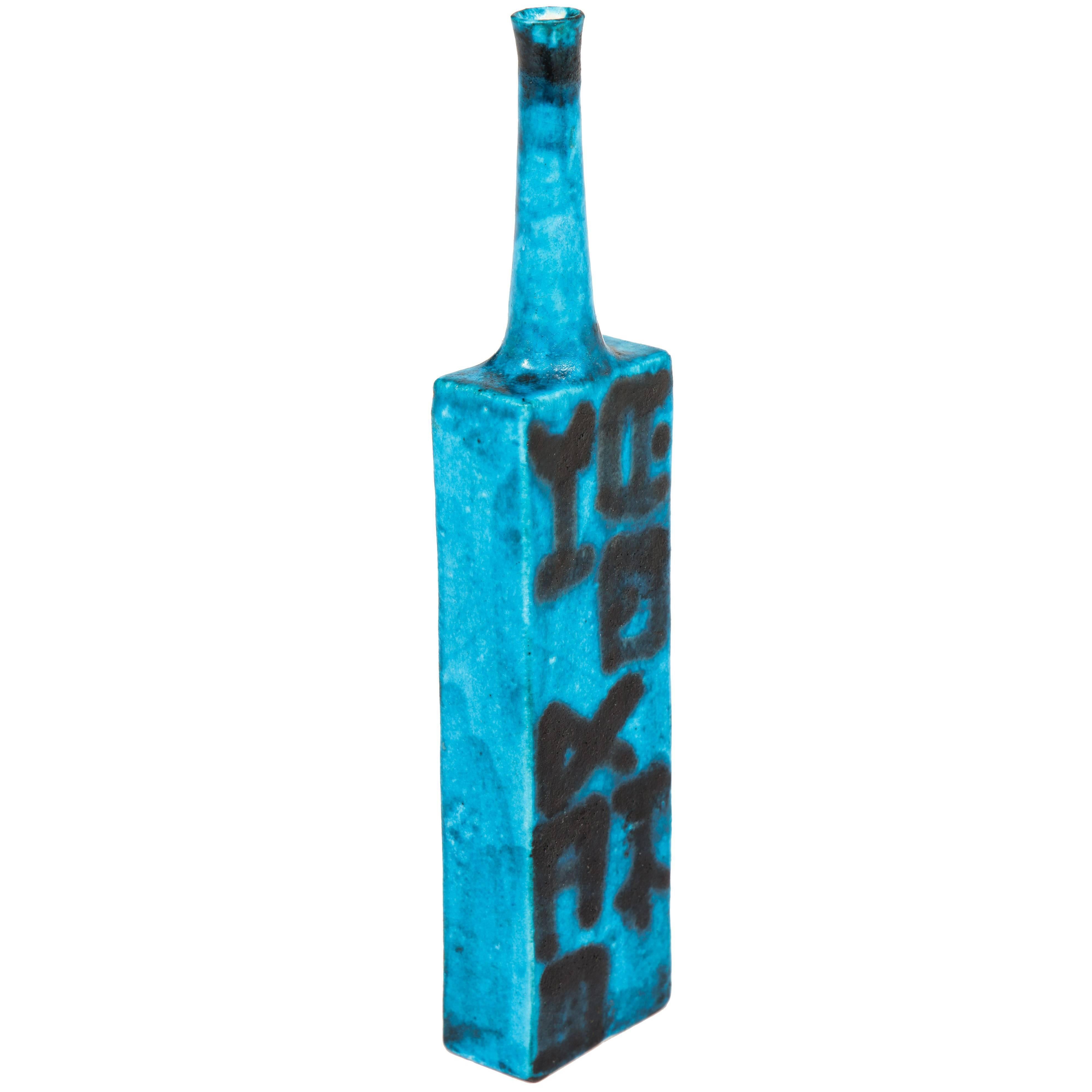 Gambone Ceramic Vase Turquoise Blue Black Signed Italy, 1950s