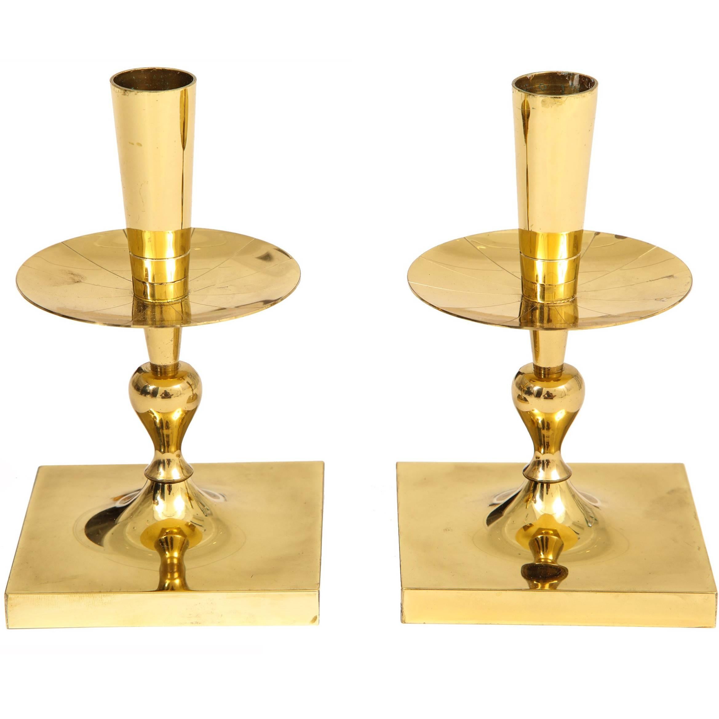 American Tommi Parzinger Candlesticks, Brass, Signed, Dorlyn For Sale