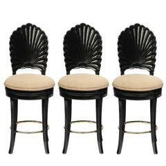 Set of Three Italian Carved Shell Back Bar Stools