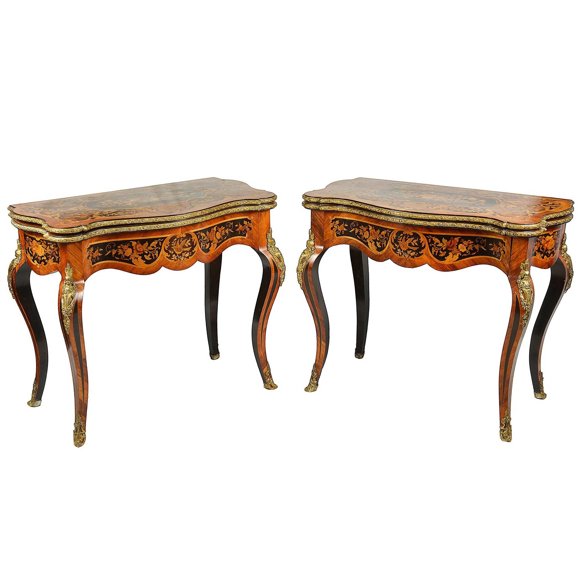 Pair of Louis XVI Style Marquetry Card Tables, 19th Century For Sale