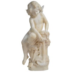 19th Century Carved Alabaster Statue of a Cherub Sitting by a Fountain