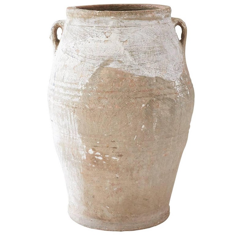 Antique Spanish Two Handle Beige White Olive Jar For Sale at 1stdibs
