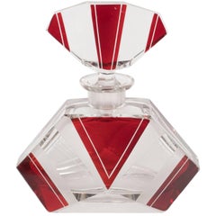 Czech Art Deco Perfume Bottle in Crimson and Clear Glass with Geometric Designs