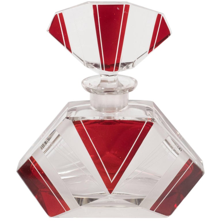 Czech Art Deco Perfume Bottle in Crimson and Clear Glass with Geometric