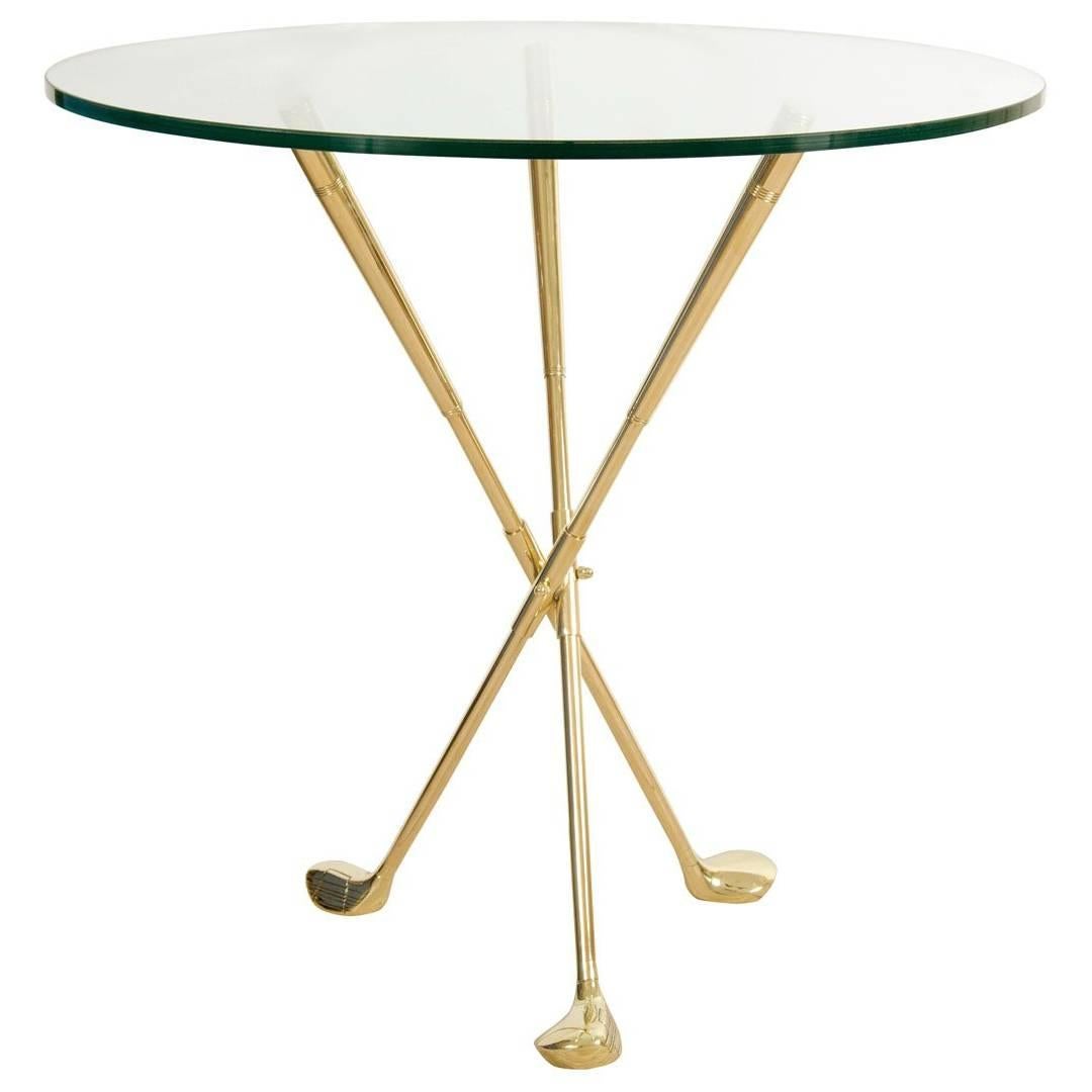 Circular Glass Table with Brass Tripod "Golf" Themed Base