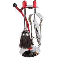 Art Deco Machine Age Five-Piece Fireplace Set in Chrome and Red Bakelite