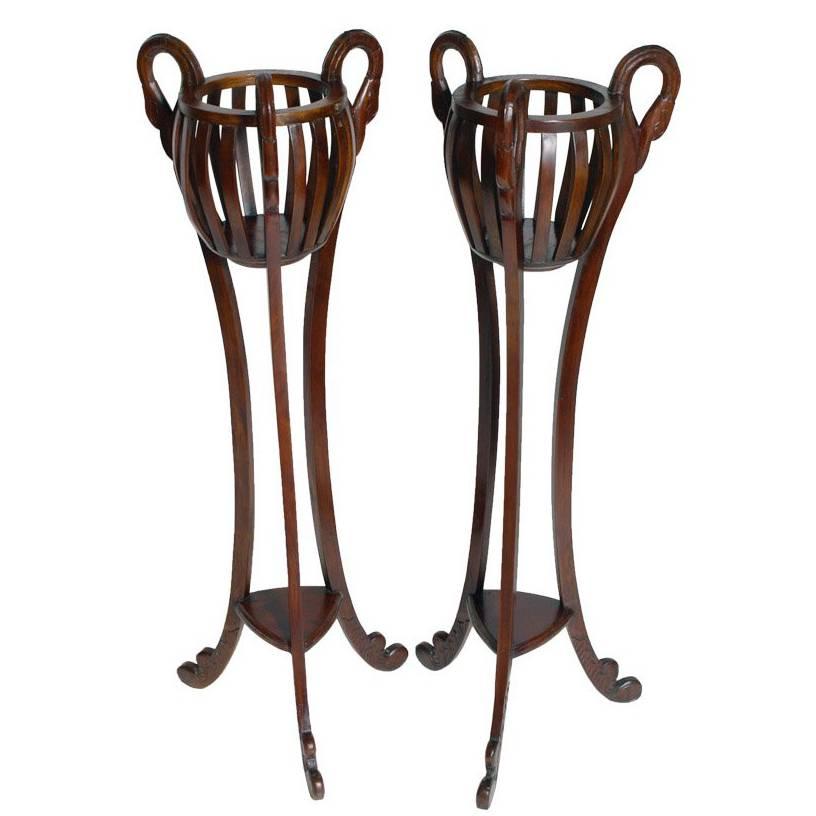 Early 20th Century Art Nouveau Pedestals, style Jacques Gruber, Carved Mahogany For Sale