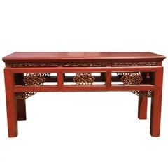 Pair Chinese Antique Red Benches Finely Carved