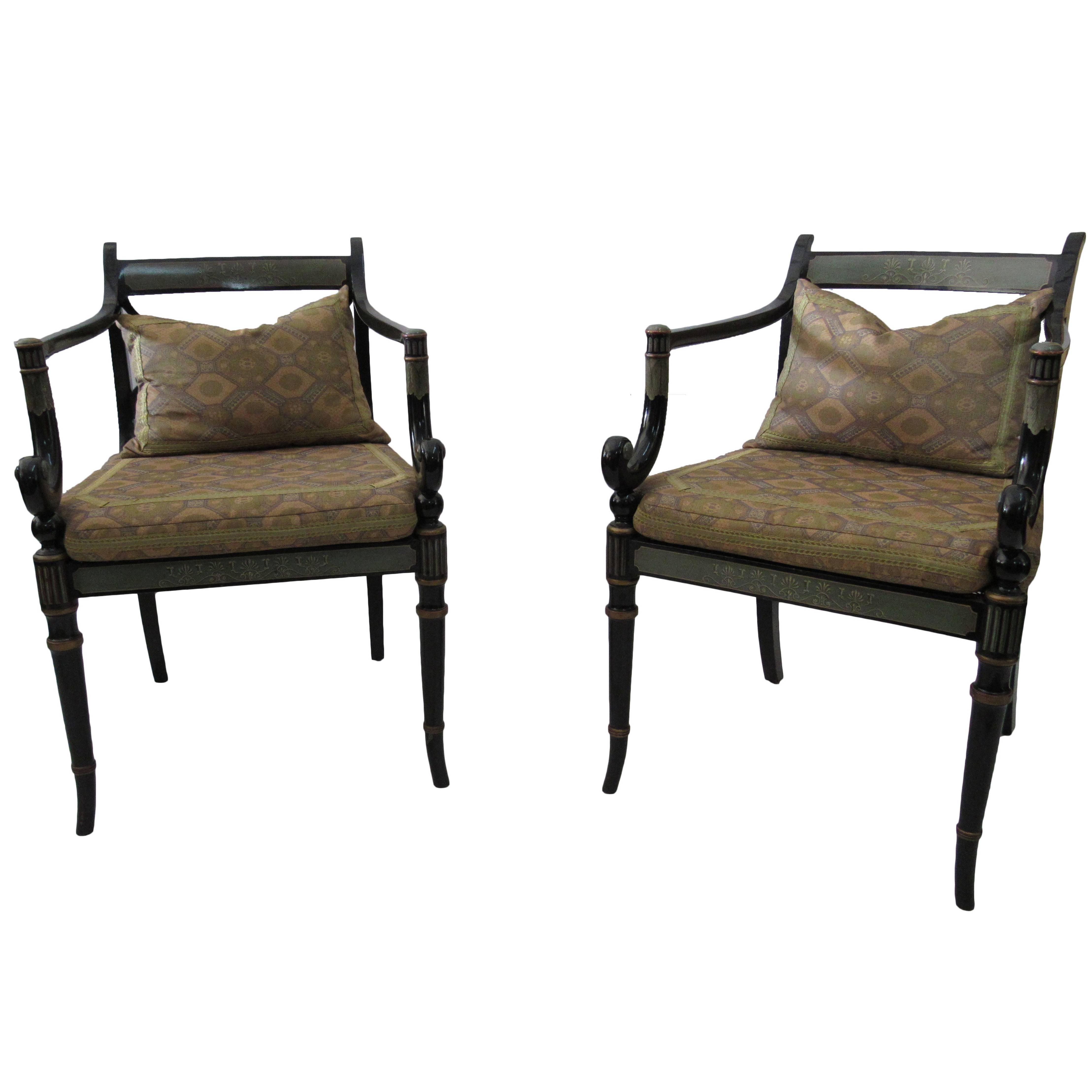 English Regency style black lacquer set of six armchairs with cane seats. The set came to us from a dismantled project by the world renowned designer and architect Peter Marino.
The elegant curved and shaped armchairs feature a shaped crest rail