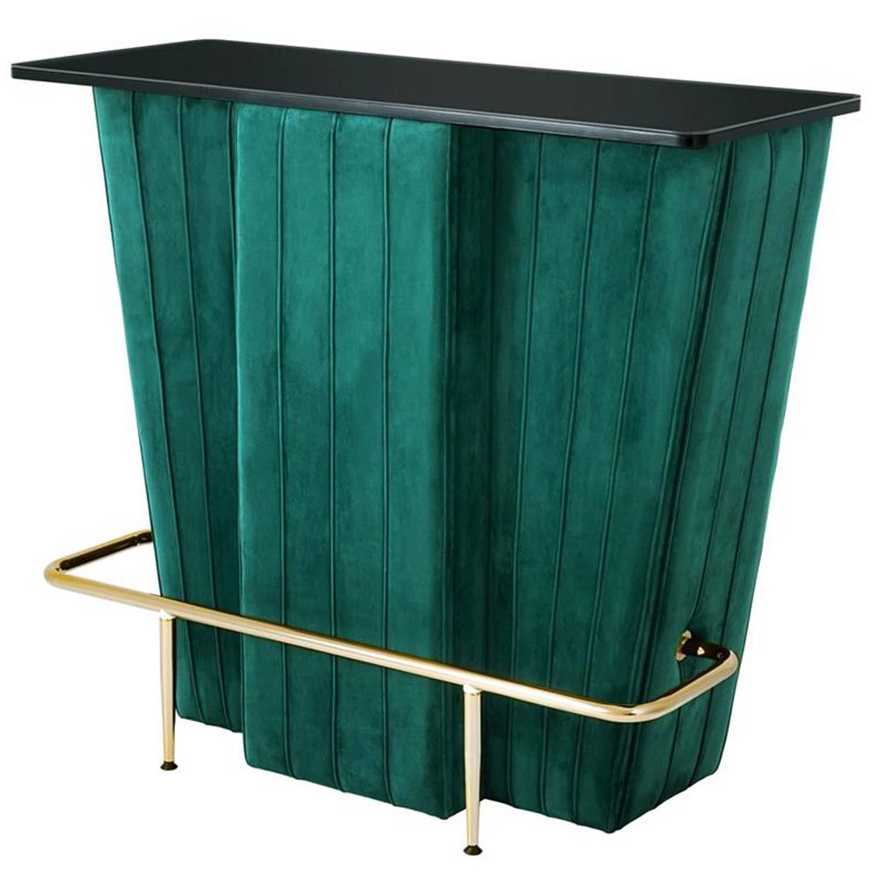 Saloon Bar in Green Velvet Fabric and Black Glass Top