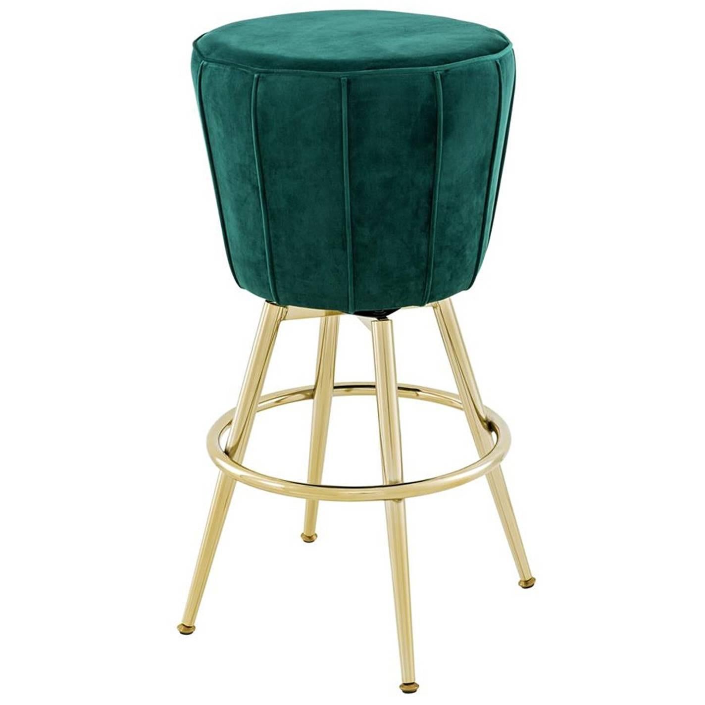 Saloon Stool in Green Velvet Fabric and Champagne Gold Finish