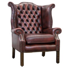 Chesterfield Leather Wingchair in Oxblood Red, One Seat Vintage, Retro