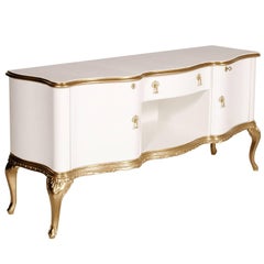 Venetian Baroque Revival White Sideboard with Gold Hand-Carved Walnut Frame