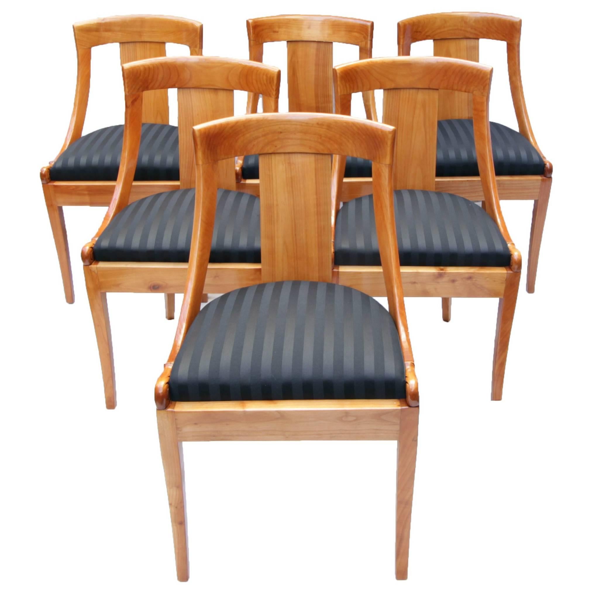 19th Century Biedermeier Gondola Chairs Set of 6, solid Cherry, new upholstered