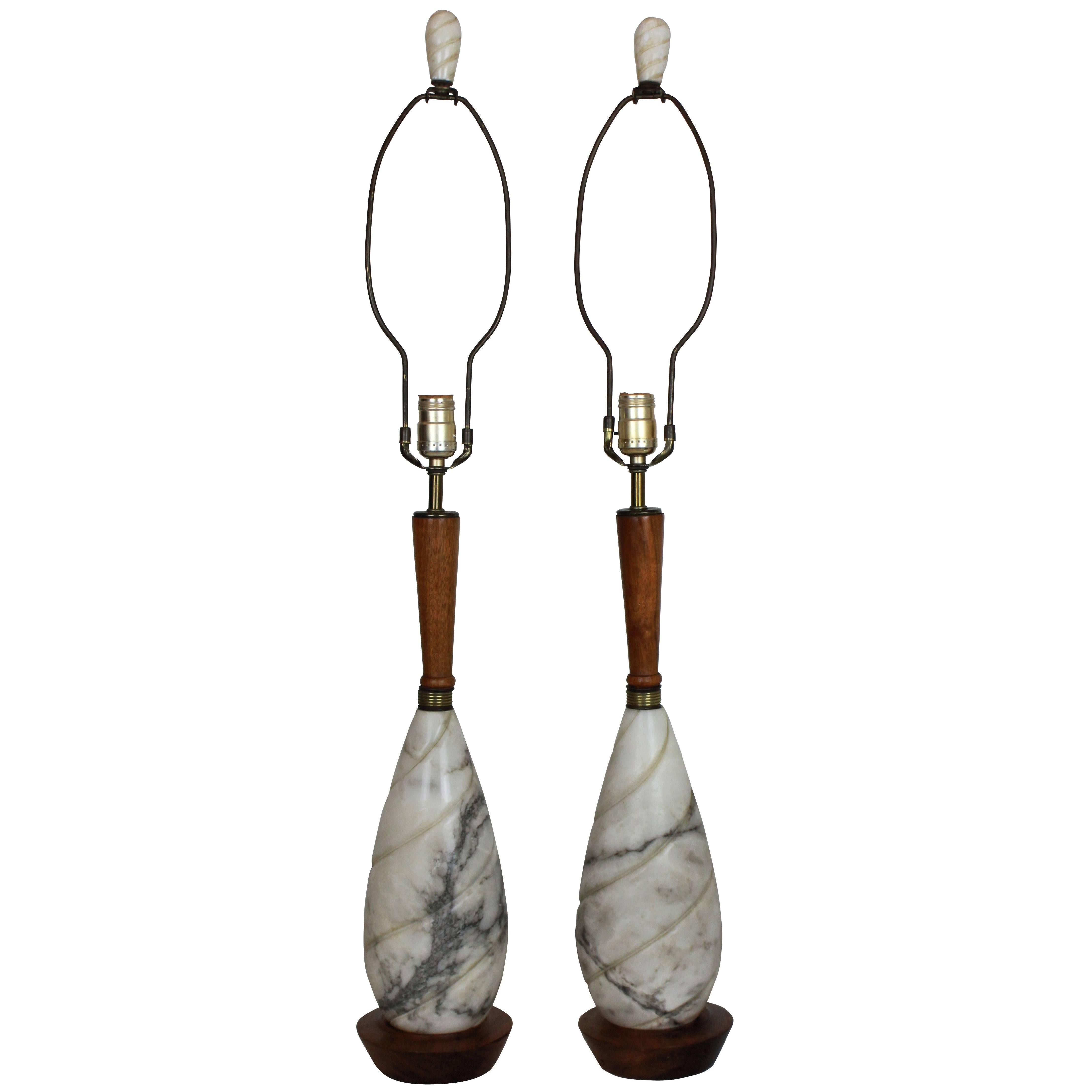 Pair of French Marble and Teak Table Lamps
