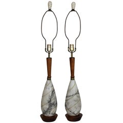 Pair of French Marble and Teak Table Lamps