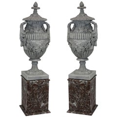 Vintage Pair of Large Plaster Urns on Marble Plinths