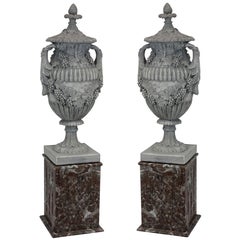 Pair of Large Plaster Urns on Marble Plinths 2