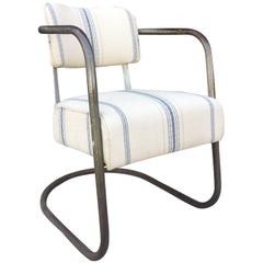 Vintage Cantilever Metal Chair Reupholstered in Vintage Linen Fabric
