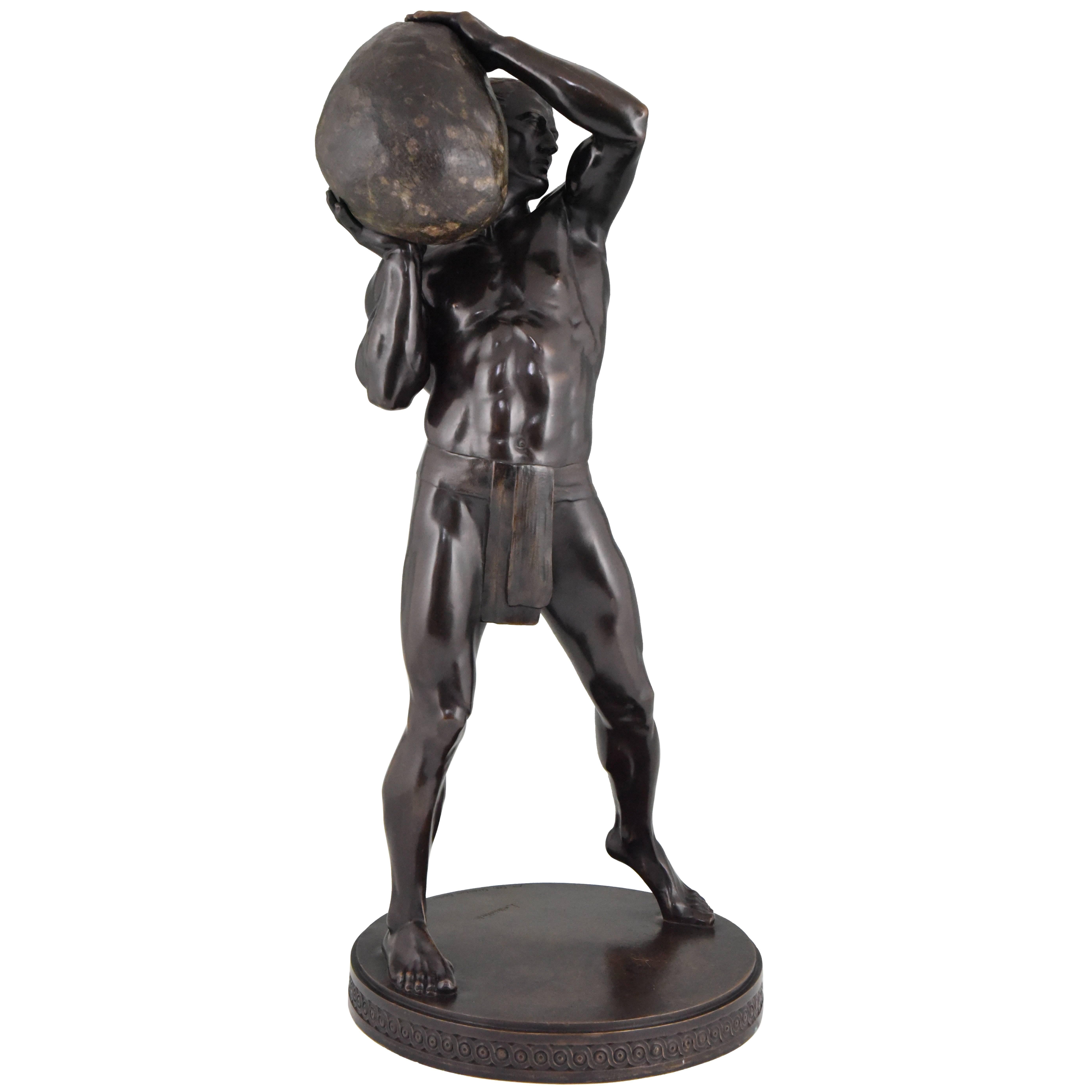 Antique Bronze Sculpture Male Nude Athlete by Paul Leibküchler, 1910 H. 26 inch