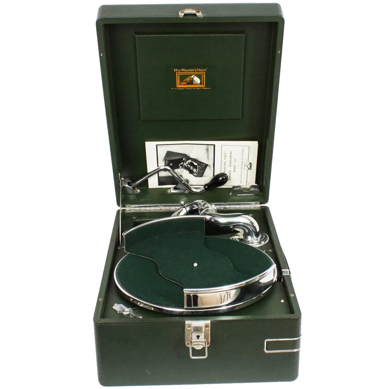 Antique Portable HMV Gramophone Mod 102 Green with Disc Carrier, 1934