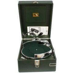 Vintage Portable HMV Gramophone Mod 102 Green with Disc Carrier, 1934