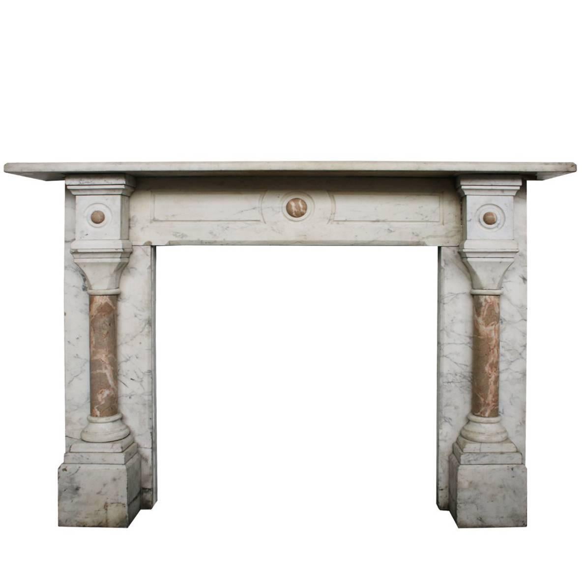 Large Antique Pillared Late Victorian Carrara Marble Fireplace Surround