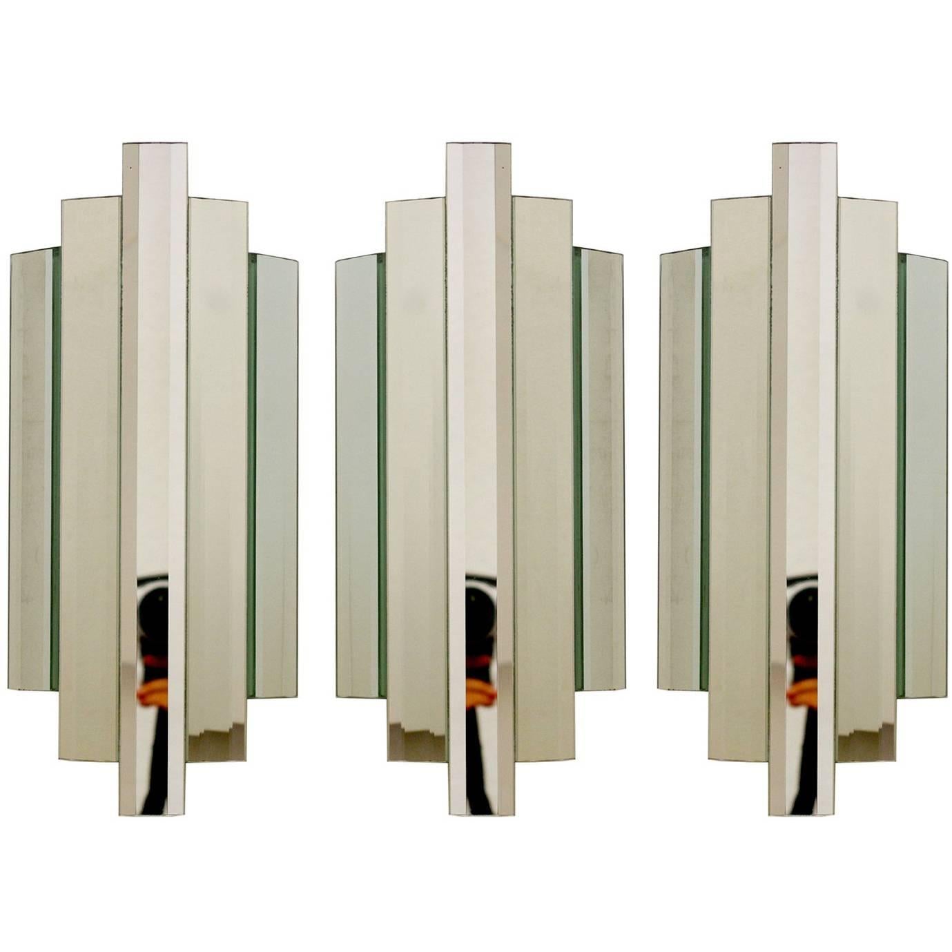 Set of Three Large Sculptural Mirror Glass Wall Flush Mounts Sconces, 1960s