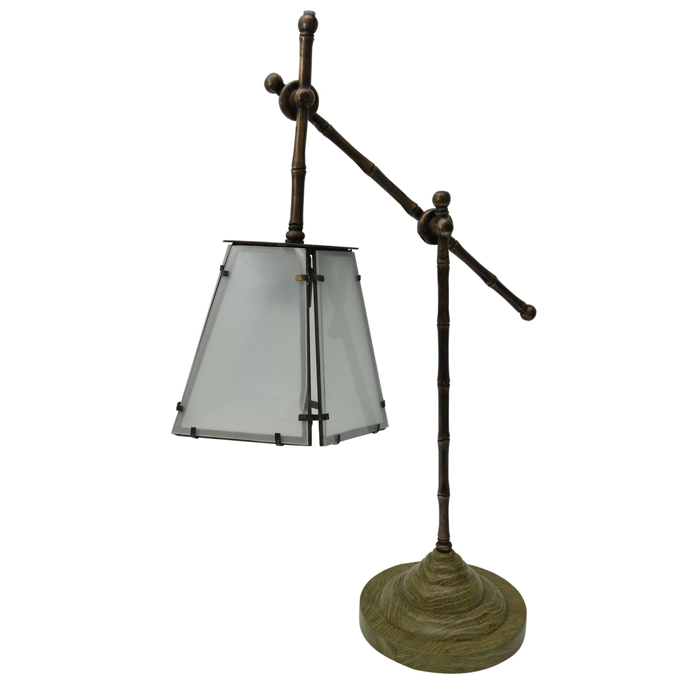Art Deco Style Table Lamp in Bronze and Green Lizard Skin For Sale