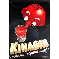 Vintage Original Art Deco Drink Advertising Poster for Kinagin Vermouth Au Quina Et Gin