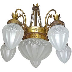 Pair of French Degué Style Art Deco Frosted Glass, Six Light Chandelier 9