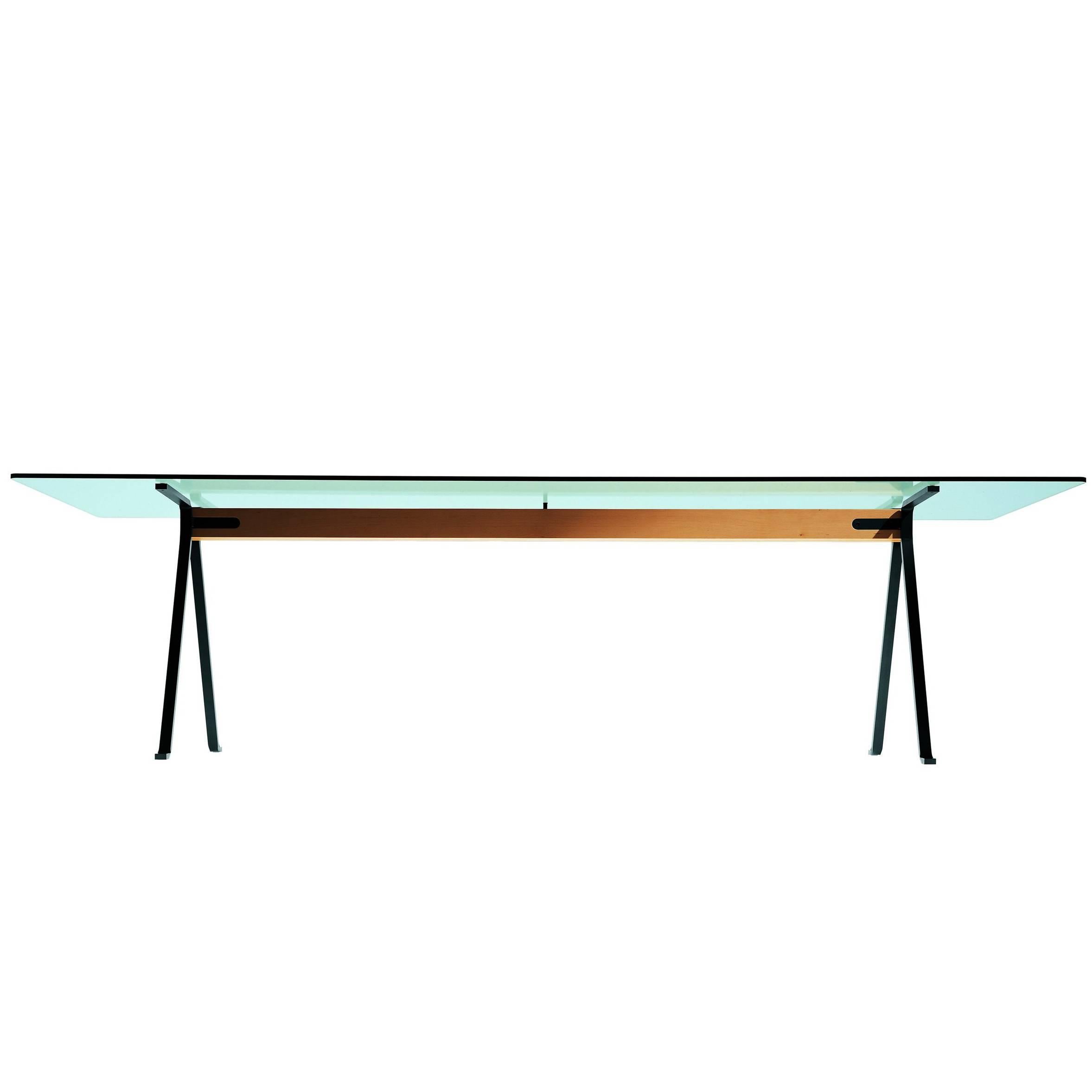 "Frate" Tempered Glass Top Benchwood Beam and Steel Table by E. Mari for Driade