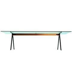 "Frate" Tempered Glass Top Benchwood Beam and Steel Table by E. Mari for Driade