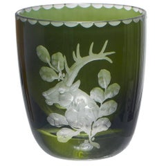 Set von sechs deutschen Schnappgläsern aus dem Schwarzwald  Grün mit Jagd-Szene