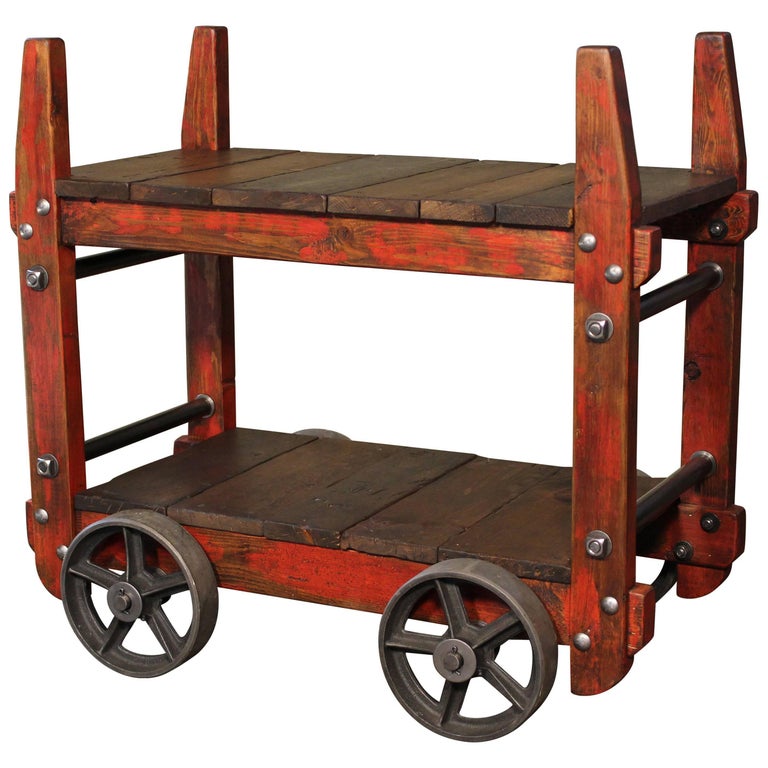 Bar Cart Rolling Wood and Metal Industrial Two-Tier Side Table on Wheels  For Sale at 1stDibs | industrial carts with wheels, industrial carts on  wheels, industrial cart wheels
