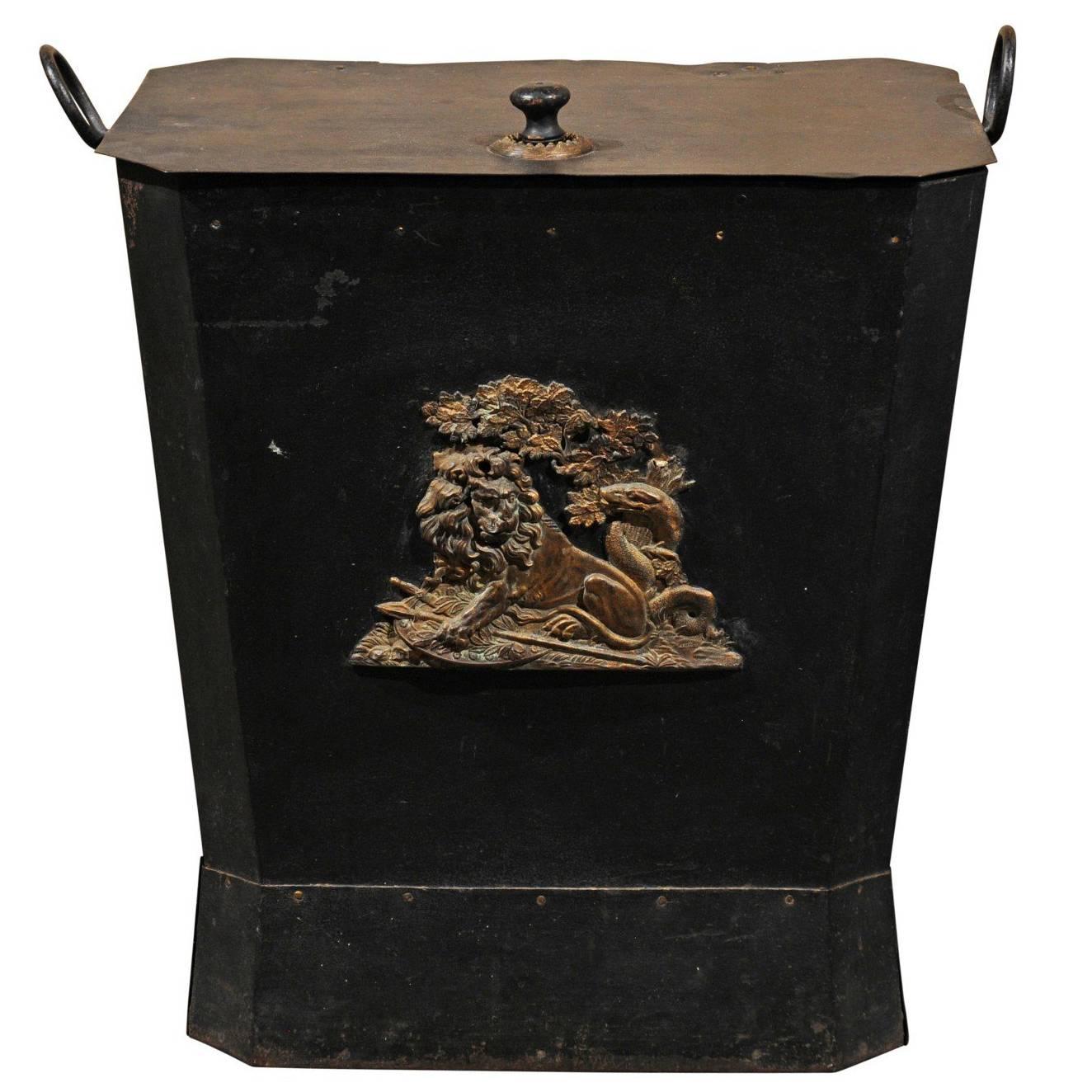 English Black Metal Coal Scuttle with Bronze Lion Reclining under a Tree