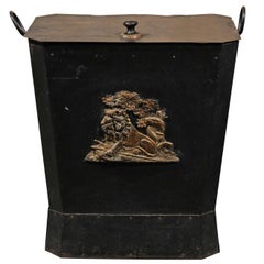 English Black Metal Coal Scuttle with Bronze Lion Reclining under a Tree