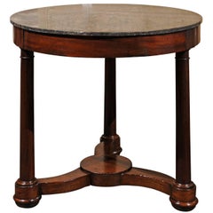 French Empire Style Mahogany Guéridon Side Table with Marble Top and Column Legs
