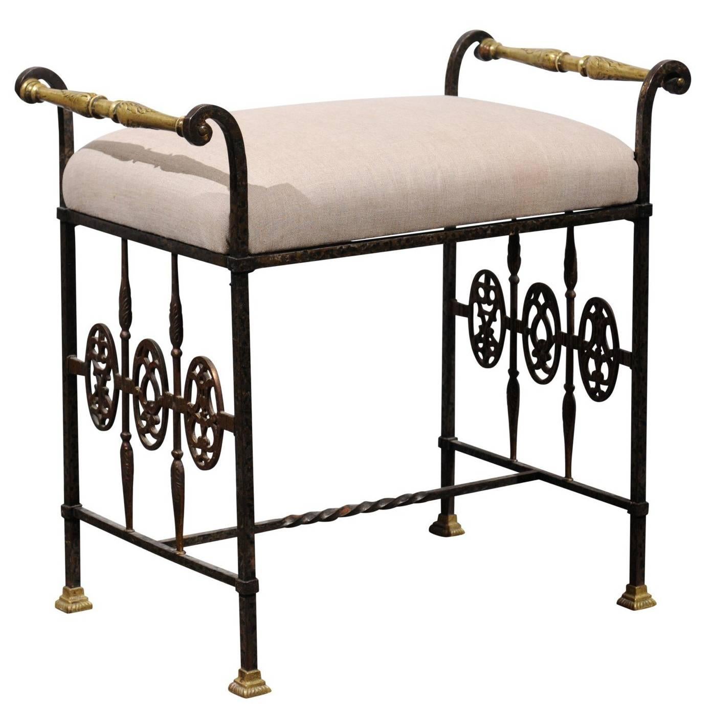 Italian 1920s Wrought-Iron Upholstered Bench with Bronze Accents