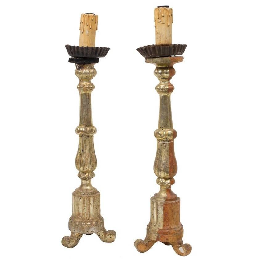 19c Pair of Italian Water-Gilded Candlesticks 19"