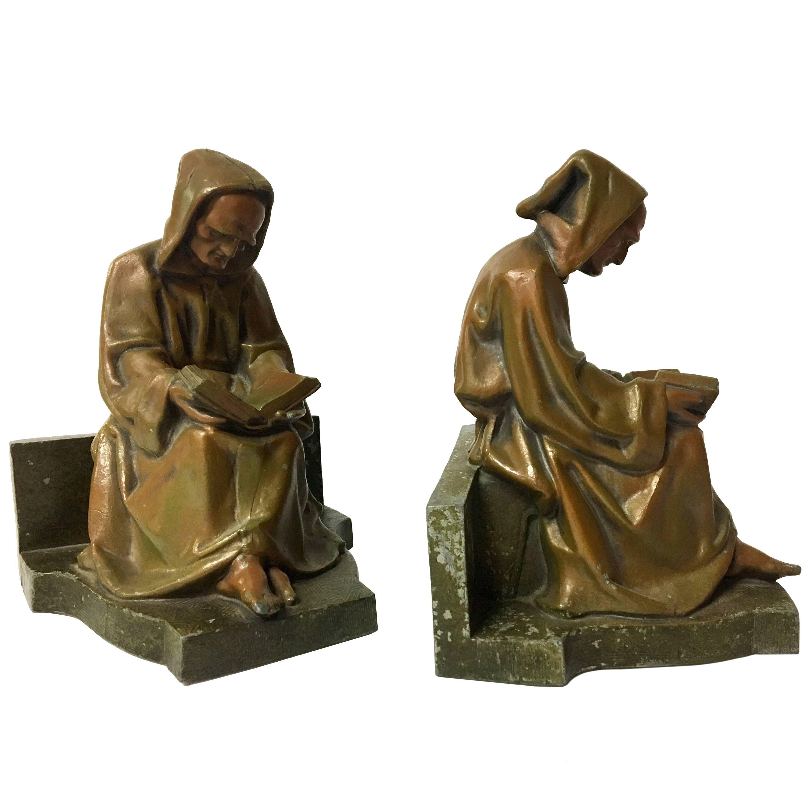 Antique Pair of Monk Reading/Scholar Bookends in Bronze Finish