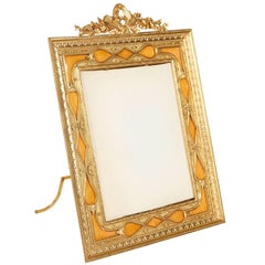 French Gilt Bronze Ormolu and Orange Guilloche Enamel Picture Photo Frame