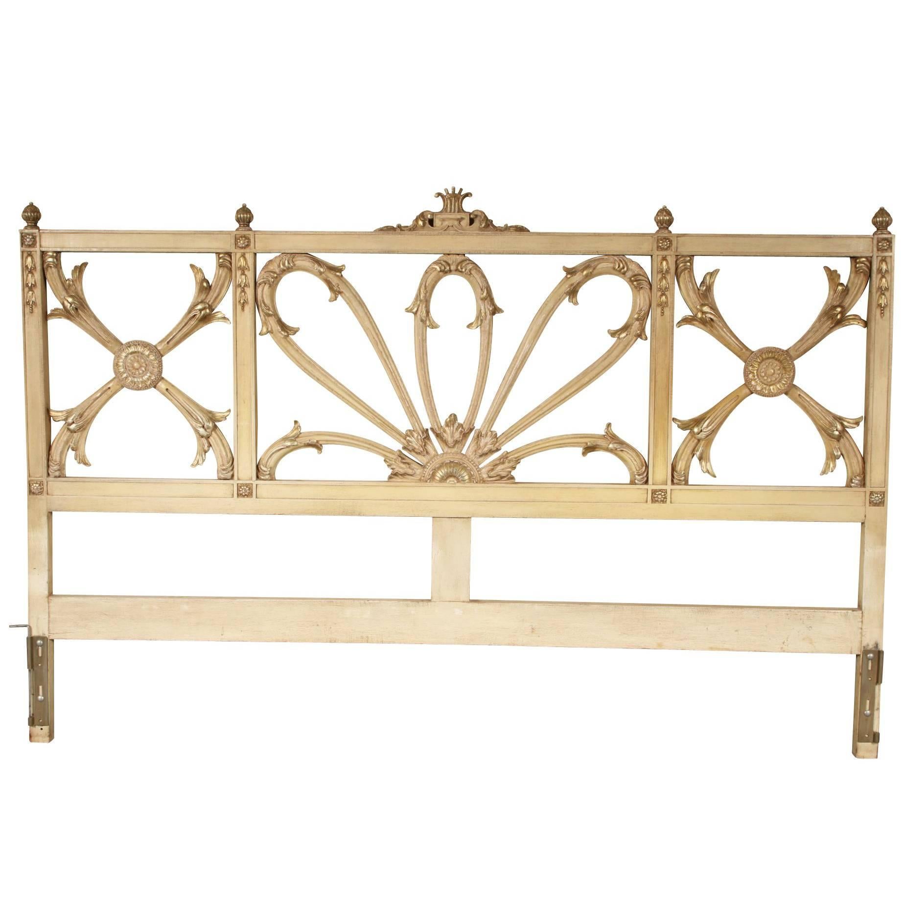 Hollywood Regency Style Carved and Paint Decorated Wood King Size Headboard
