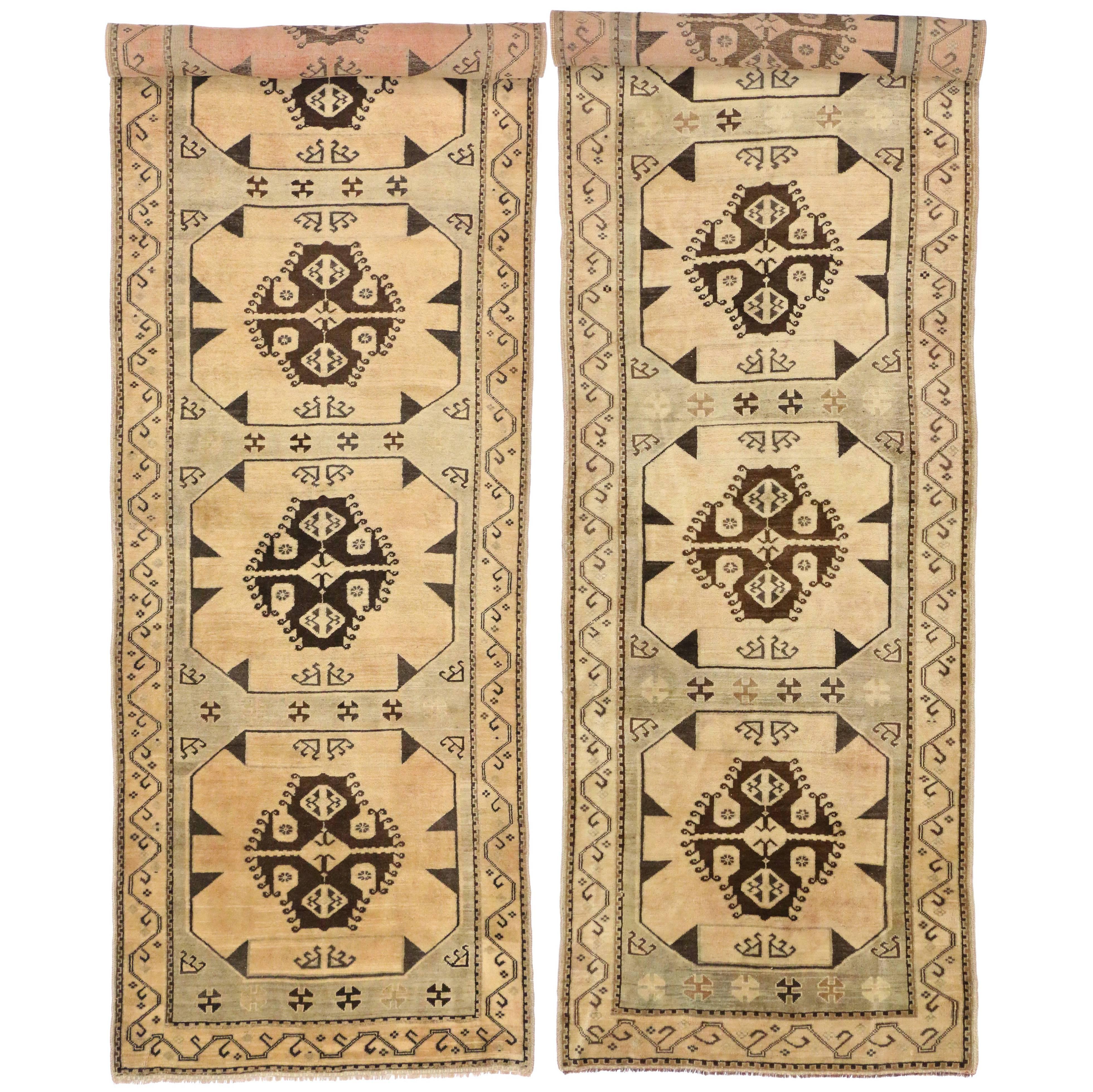 Pair of Vintage Turkish Oushak Carpet Runners with Modern Style and Muted Colors