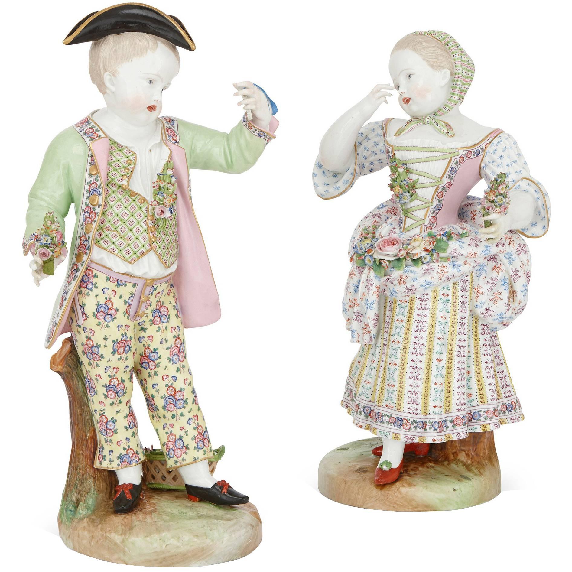 Pair of Large Antique Meissen Style Porcelain Figures of a Couple