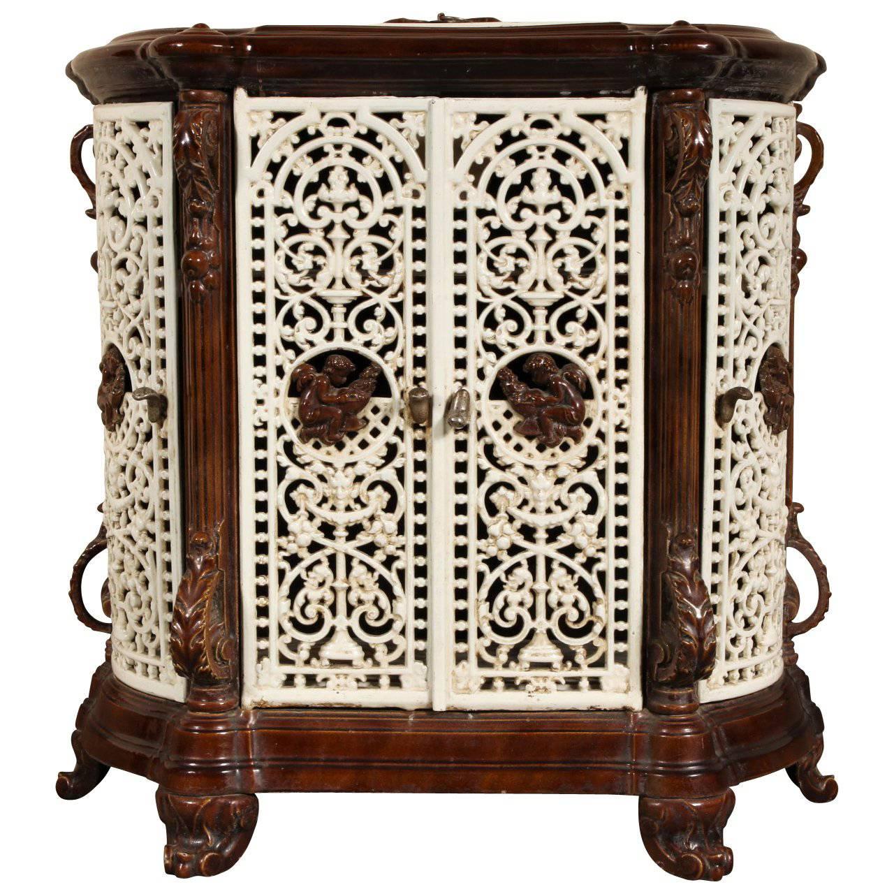 Antique French Enamel Cast Iron Room Heating Stove Repurposed as a Cabinet