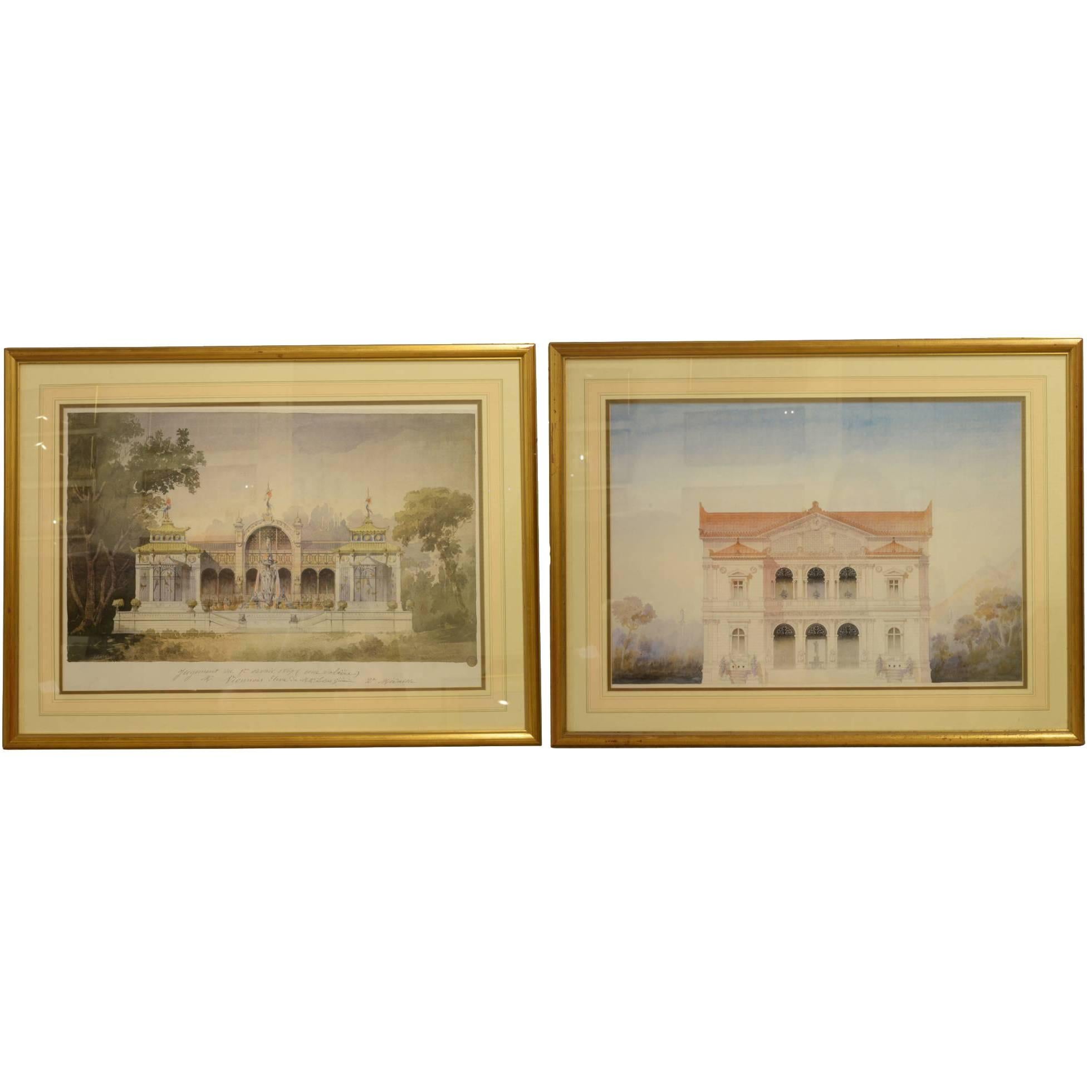 Pair of Large Framed Architectural Prints