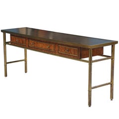 Mastercraft Amboyna Burl Wood and Patinated Brass Console Table with Etched Top