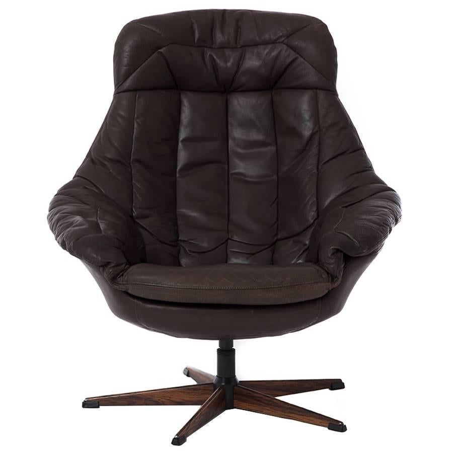Danish Modern Swivel Glove Chair in Espresso Leather by H. W. Klein